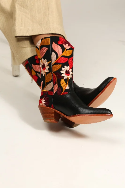 Edgy Fashion Deals BLACK LEATHER BLACK EMBROIDERED WESTERN BOOTS X ANTHROPOLOGIE