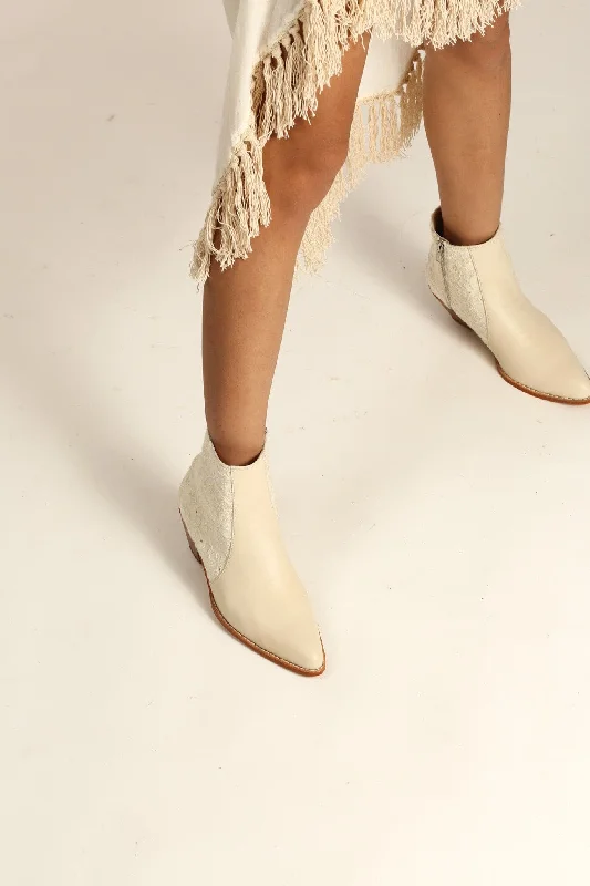 Chic Style, Always In Vogue CREAM LEATHER CREME EMBROIDERED FABRIC BOOTS SEL