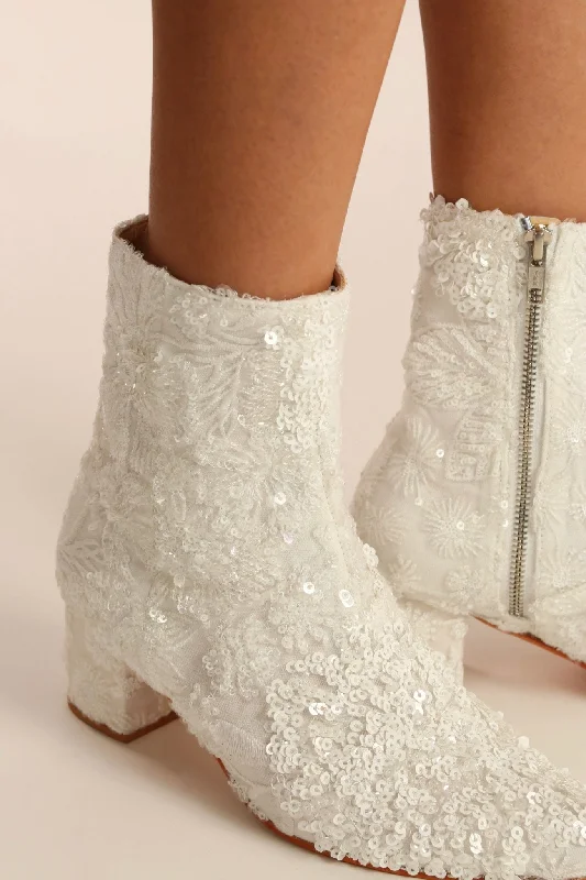 Shop Sales WHITE SEQUIN EMBROIDERED WEDDING BOOTS ODECIA