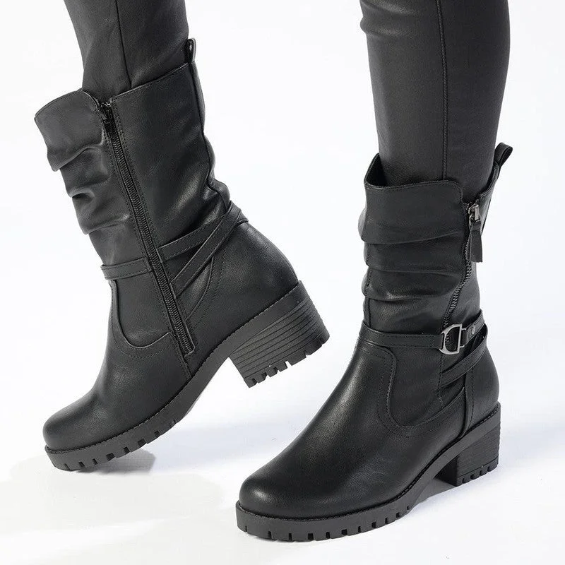 Women's Durable Footwear Franco Rossi Cleated Mid Calf Boot with Buckle - Black