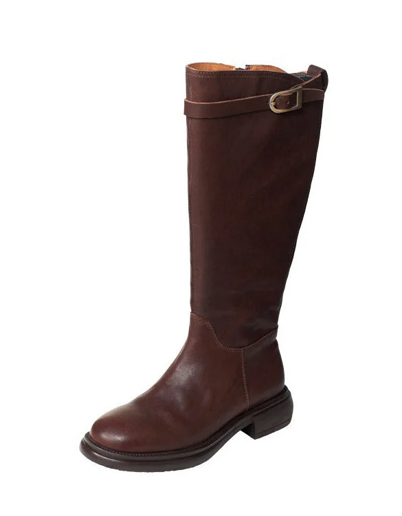 Discover Promotions Genuine Leather Side Buckle British Style Knee High Boots