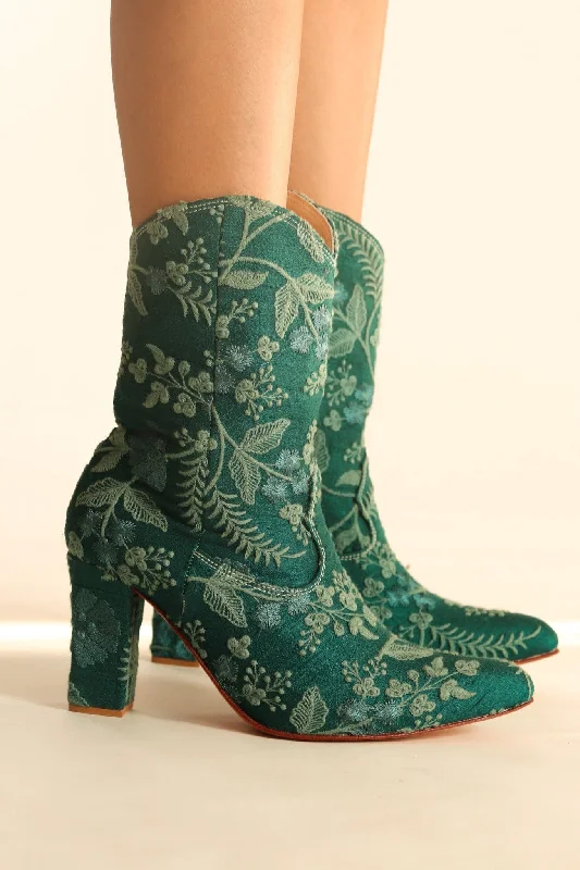 Non-Slip Work Shoes Sale GREEN HIGH HEEL EMBROIDERED BOOTS SOPHIA