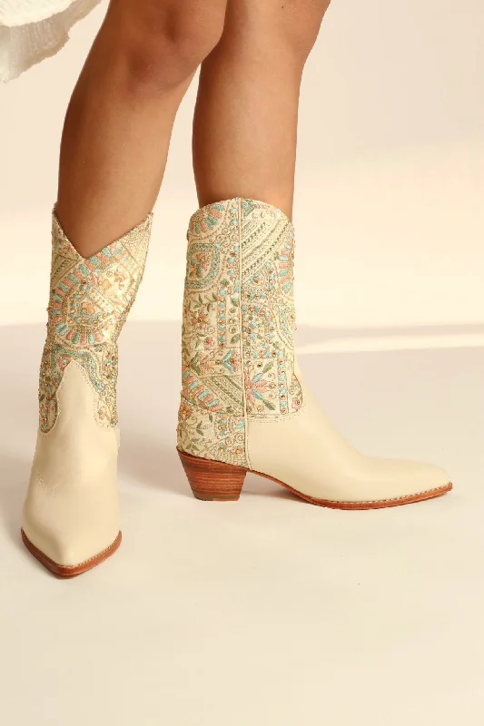 Elevated Casual Discounts EMBELLISHED EMBROIDERED SILK WESTERN BOOTS MILTON