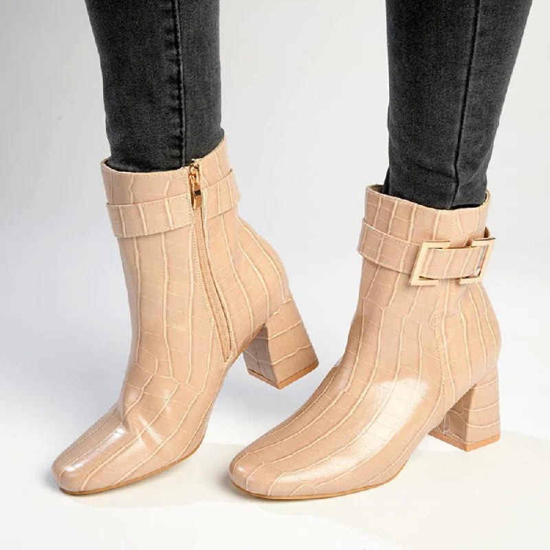 Affordable Women's Shoes Madison Lady -  Buckle Block Heel  Boot - Nude