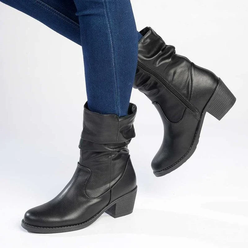 Premium Casual Footwear Madison Rouch Block Heel Shaft Boot - Black