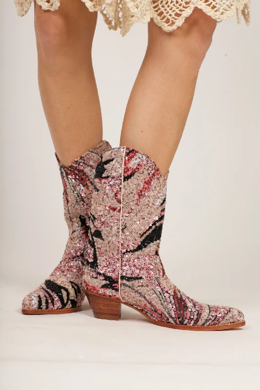 Comfortable Minimalist Shoes PINK BLACK SEQUIN EMBROIDERED WESTERN BOOTS RIAL