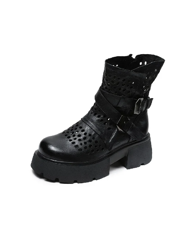 Step Ahead, Lead The Trend Round Toe Leather Buckles Beathable Hollow Platform Boots