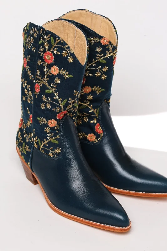 Vintage-Inspired Footwear Sale TURQUOISE LEATHER EMBROIDERED SILK BOOTS SONIA