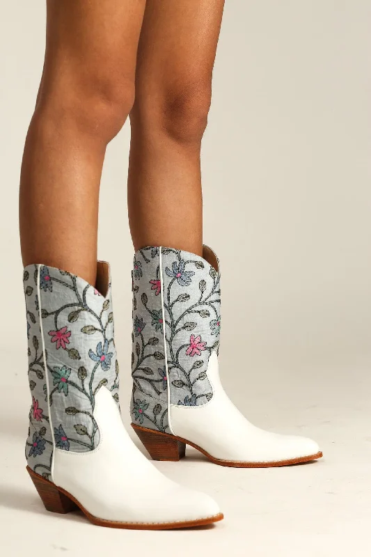 Luxury Boots Sale WHITE LIGHT BLUE EMBROIDERED BOOTS LISA